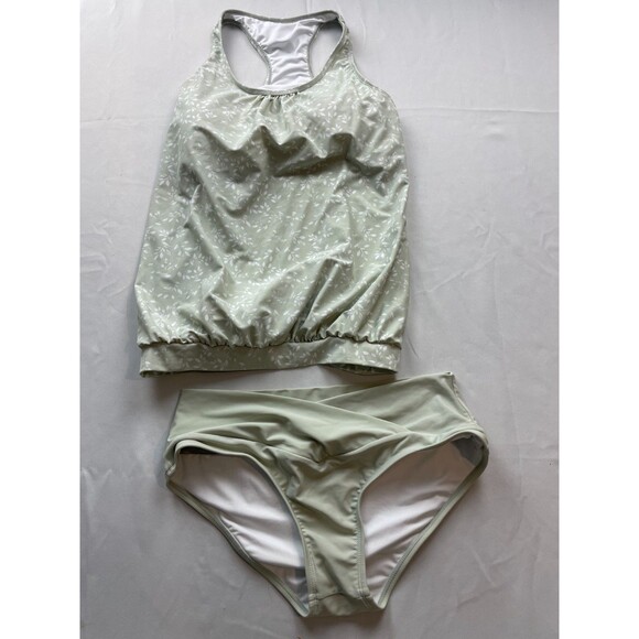Coral Reef Floral Print 2 Piece Swimsuit Set Womens 12/14 Sage Green Tankini Set - Picture 1 of 4